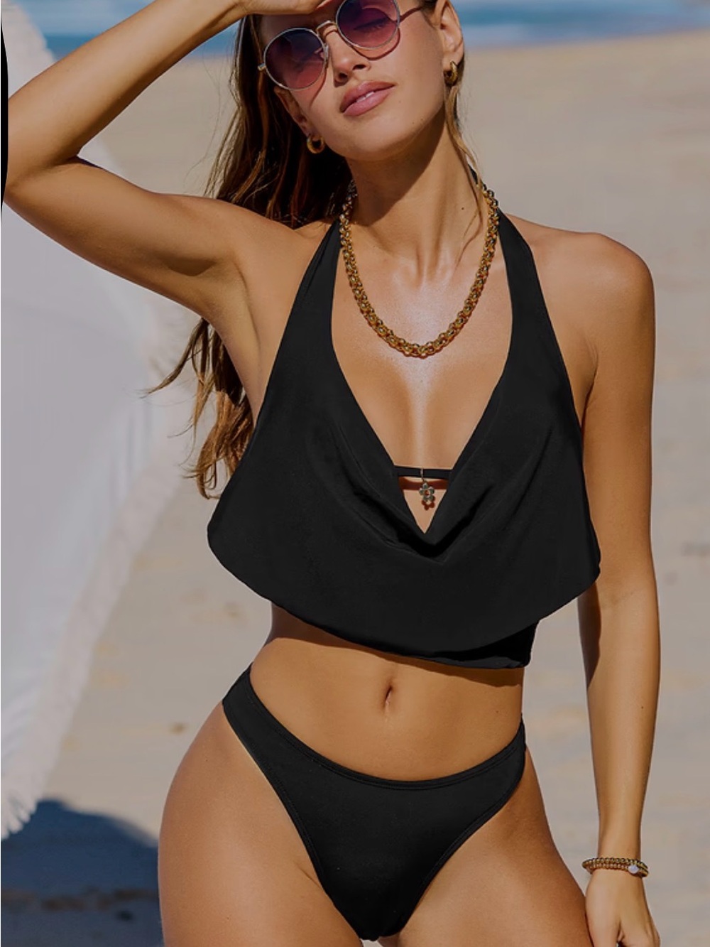 Cupshe Black Draped Halter Bikini Top and Briefs